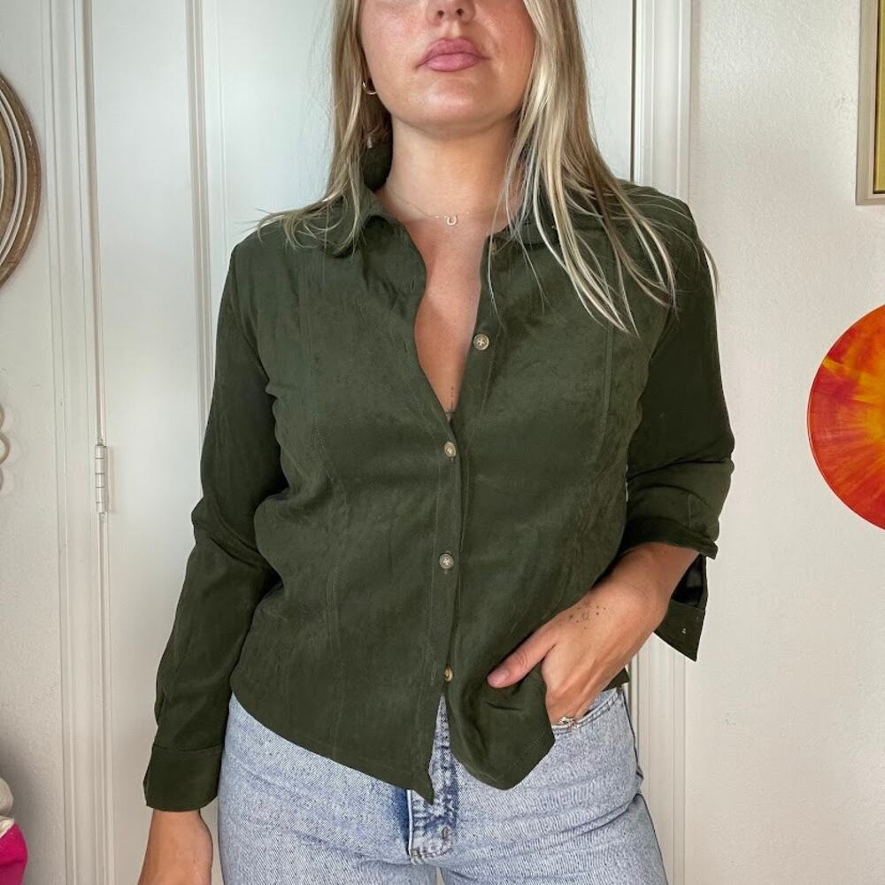 Vintage 90s Y2K Christie Brooks Green Suede Button Up Blouse Sz L